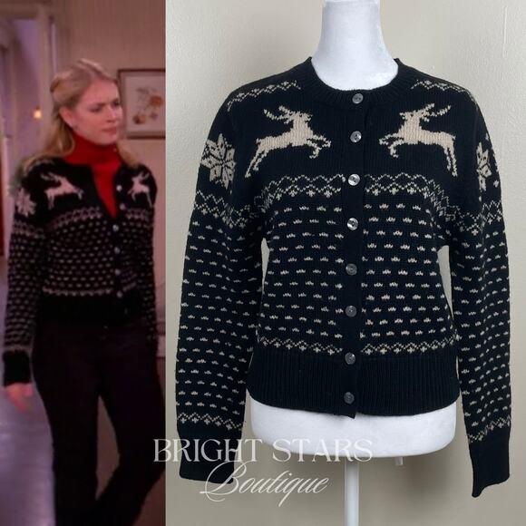 Rare Reindeer Cardigan ASO Sabrina The Teenage Witch Black Cream Vintage Holiday - Picture 1 of 11